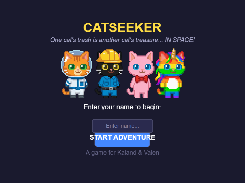 CatSeeker start screen with four pixel-art space cats
