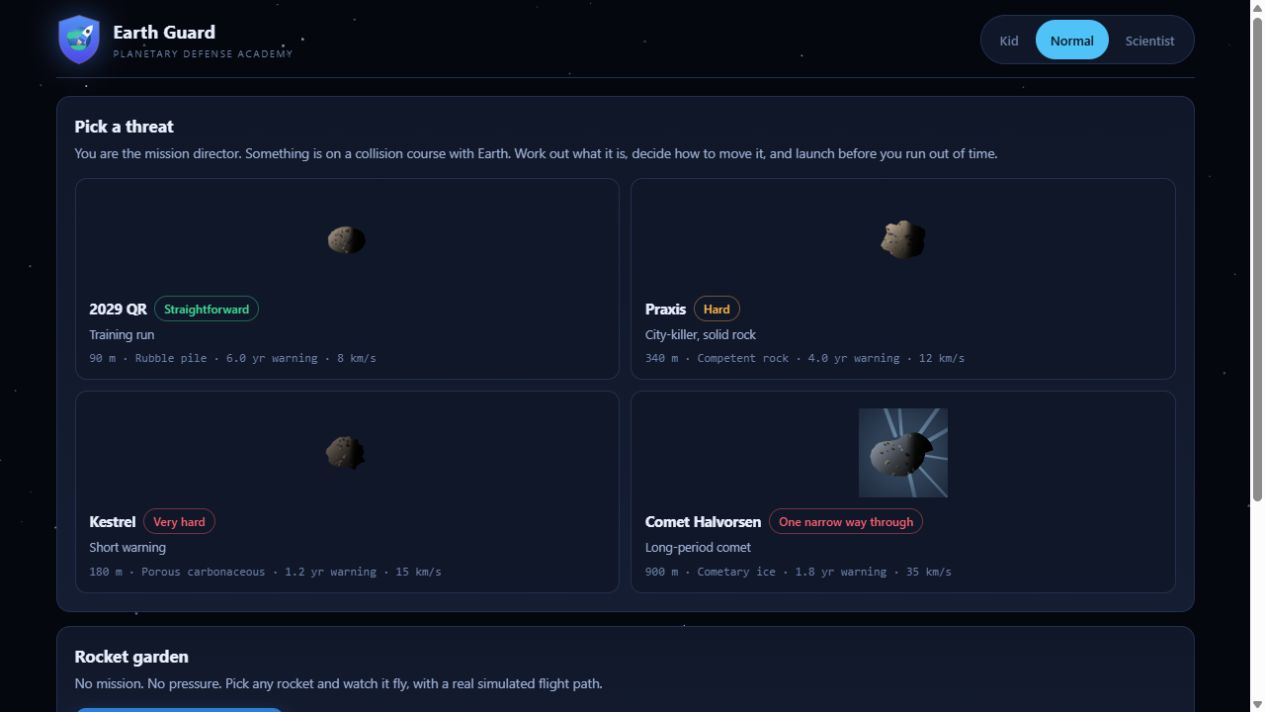 Earth Guard mission screen with asteroid threats and difficulty levels